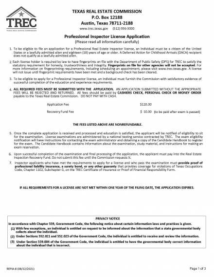 Application for Professional Real Estate Inspector License